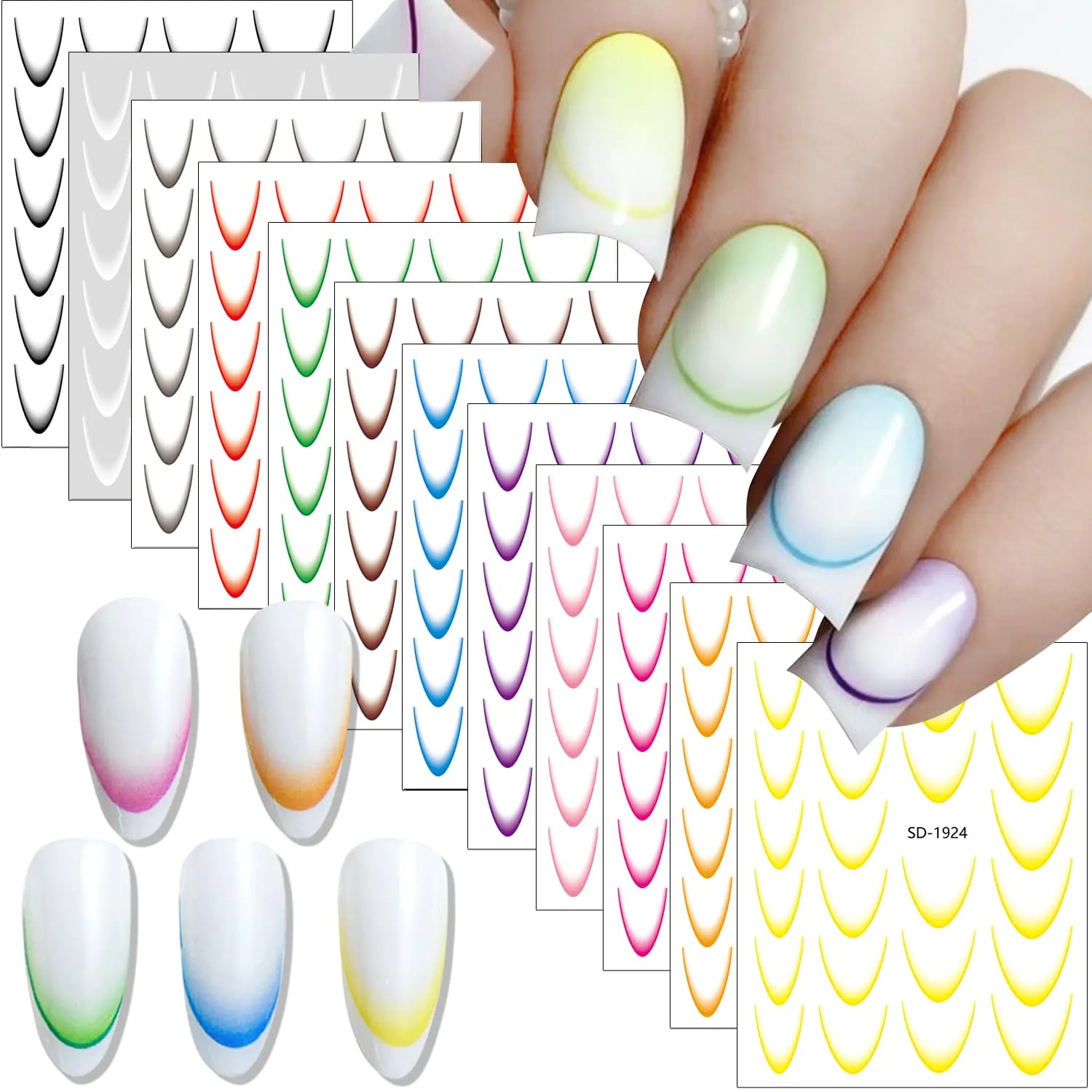 FSpronail Ombre French Tip Nail Stickers 12 Sheets 3D Line French Manicure Stickers for Nails Colorful Curved Gradient French Nail Decals French Tip Guides Stencils Pegatinas para uñas